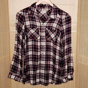 Motherhood Maternity Blue Plaid Silky Button Down Blouse Lace Detail Med…